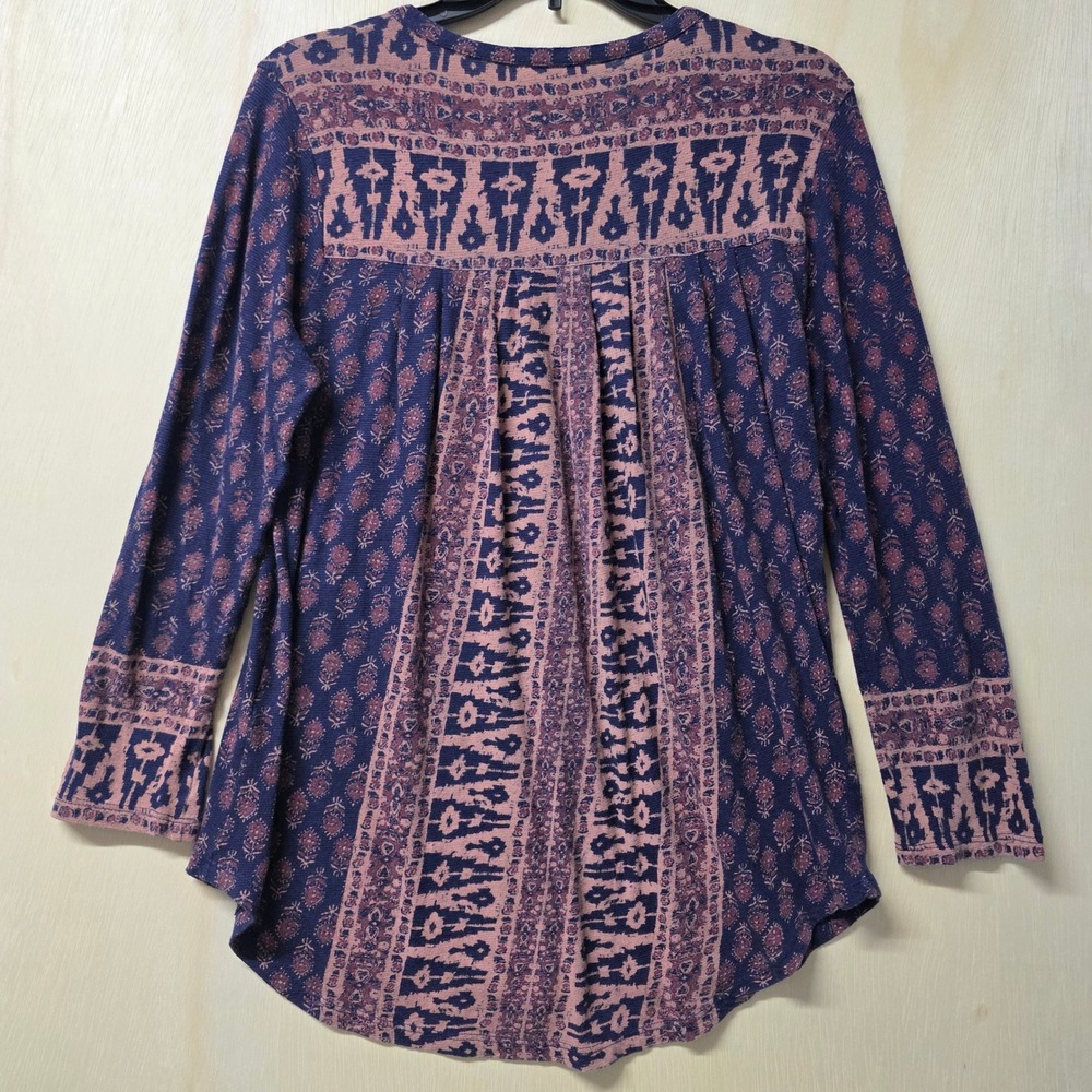 Lucky Brand Purple Ikat Floral Henley Blouse Long Sleeve Boho Top Medium - Picture 3 of 12